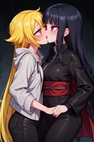 8k resolution, high resolution, masterpiece, intricate details, highly detailed, HD quality, solo, loli, dark background, black desert, scarlet moon,red moon, moon, rain,  2_girls, girls kissing, Naruko uzumaki.red eyes.(Naruko uzumaki has red eyes).blonde.yellow hair.Naruko uzumaki's clothes.black coat.black pants.a gentle expression.a satisfied expression.a playful expression.(Naruko towers over her partner), Hinata Hyuga.dark blue hair.pale lilac eyes.no pupils.Hinata Hugo's clothes.shinobi clothes.grey jacket.black pants.an embarrassed expression.happy recovery.joyful expression, kiss, two girls kissing, naruko and wednesday kissing, spittle, lesbian kiss, yuri, detailed kiss, kiss with tongues, detailed languages, focus on the whole body, the whole body in the frame, small breasts, rich colors, vibrant colors, detailed eyes, super detailed, extremely beautiful graphics, super detailed skin, best quality, highest quality, high detail, masterpiece, detailed skin, perfect anatomy, perfect body, perfect hands, perfect fingers, complex details, reflective hair, textured hair, best quality,super detailed,complex details, high resolution,

,jtveemo