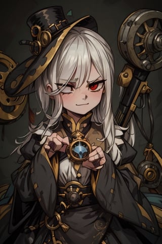 8k resolution, high resolution, masterpiece, intricate details, highly detailed, HD quality, solo, 1girl, loli, Steampunk dress, steampunk hat, top hat, black and gold clothing colors, gears in the background, dark background, white hair, long smooth hair, red eyes, pale skin, thin smile, thoughtful expression, thoughtful look, monocle on the right eye, looking at viewer, rich colors, vibrant colors, detailed eyes, super detailed, extremely beautiful graphics, super detailed skin, best quality, highest quality, high detail, masterpiece, detailed skin, perfect anatomy, perfect body, perfect hands, perfect fingers, complex details, reflective hair, textured hair, best quality, super detailed, complex details, high resolution,  

,A Traditional Japanese Art,Kakure Eria,ARTby Noise,Landidzu,HarryDraws,Shadbase ,Shadman,Glitching,Star vs. the Forces of Evil ,In the style of gravityfalls,Solo Levelling,I’ve Been Killing Slimes for 300 Years,kobayashi-san chi no maid dragon ,Oerlord,illya,tensura,the legend of korra,arcane style