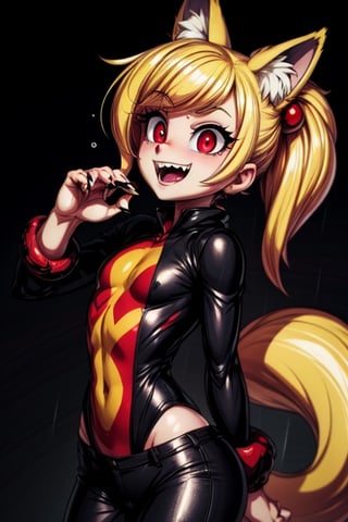 8k resolution, high resolution, masterpiece, intricate details, highly detailed, HD quality, solo, loli, short stature, little girls, only girls, dark background, rain, scarlet moon, crimson moon, moon, moon on the background, 

Red eyes.black sclera.vertical pupil.cat's pupil.glowing eyes.fangs.fox ears.a fox's tail behind his back.claws on the fingers.claw.black claws.small claws.blonde.yellow hair.long hair.straight hair.two ponytails.black scaly coat.black pants.an evil expression.grin.a joyful expression.fighting pose, 

focus on the whole body, the whole body in the frame, the body is completely in the frame, the body does not leave the frame, detailed hands, detailed fingers, perfect body, perfect anatomy, wet bodies, rich colors, vibrant colors, detailed eyes, super detailed, extremely beautiful graphics, super detailed skin, best quality, highest quality, high detail, masterpiece, detailed skin, perfect anatomy, perfect body, perfect hands, perfect fingers, complex details, reflective hair, textured hair, best quality,super detailed,complex details, high resolution,

,jcdDX_soul3142,JCM2,High detailed ,USA,Color magic,AmyRose,Mrploxykun,Sonic,perfecteyes,Artist,AGGA_ST011,AGGA_ST005,rizdraws,fairy_tail_style,Oerlord,illya,hornet,HarryDraws,jtveemo,ChronoTemp ,Star vs. the Forces of Evil ,arcane style,Landidzu,Captain kirb,Saturated colors,Color saturation ,DAGASI