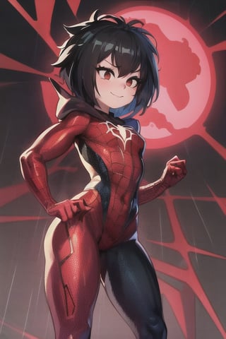 8k resolution, high resolution, masterpiece, intricate details, highly detailed, HD quality, solo, loli, short stature, little girls, only girls, dark background, rain, scarlet moon, crimson moon, moon, moon on the background, science fiction, science fiction city, red neon, blood red neon, burgundy red neon,

Peni Parker.red eyes.shining scarlet eyes.shining eyes.black hair.short haircut.slim build.teenage girl.Spiderman.Marvel.superhero.young woman.slim build.the red web.tight-fitting suit.black and red clothes.black spider print on the chest.black spider emblem.spider print.black print.hood.stretched hood.cheked smile.funny expression.fighting pose,

focus on the whole body, the whole body in the frame, the body is completely in the frame, the body does not leave the frame, detailed hands, detailed fingers, perfect body, perfect anatomy, wet bodies, rich colors, vibrant colors, detailed eyes, super detailed, extremely beautiful graphics, super detailed skin, best quality, highest quality, high detail, masterpiece, detailed skin, perfect anatomy, perfect body, perfect hands, perfect fingers, complex details, reflective hair, textured hair, best quality,super detailed,complex details, high resolution,

