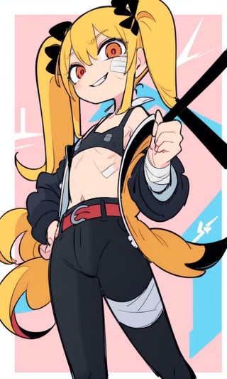 masterpiece, best quality, spectacular, solo, Naruko_Uzumaki, yellow hair, two pigtails, red eyes, elongated vertical pupils, small breasts, loli, cheeky smile, straight pose, looks at the viewer, hands tied with black bandages, forearms tied with black bandages, black belt, black pants, chest bandaged black bandages, perfect eyes, perfect body, perfect anatomy , cartoon, naruto,Cromachina,wagashi,Mrploxykun,Eiken3kyuboy