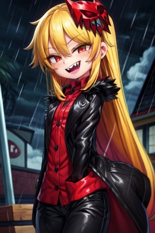 8k resolution, high resolution, masterpiece, long black scaly coat, open coat, yellow hair, white trickster mask,mocking smile painted on the mask,red smile, fanged smile,red eyes painted on the mask,squinted eyes, black gloves, black pants, arms thrown to the side, looking at the viewer, scarlet lightning in the background, rain, thunderstorm, the whole body in the frame, solo, 