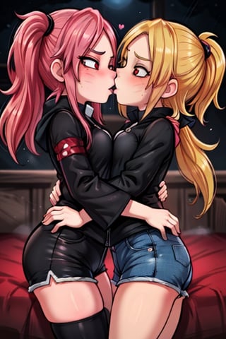 8k resolution, high resolution, masterpiece, intricate details, highly detailed, HD quality, solo, loli, dark background, black desert, scarlet moon,red moon, moon, rain,  2_girls, girls kissing, Naruko uzumaki.red eyes.(Naruko uzumaki has red eyes).blonde.yellow hair.Naruko uzumaki's clothes.black coat.black pants.a gentle expression.a satisfied expression.a playful expression.(Naruko towers over her partner), Sakura Haruno.Haruno Sakura's eyes.pink hair.short hair.(Haruno Sakura's clothes.red dress with cutouts on the sides.black tight shorts.an embarrassed expression.a happy expression.amorous expression, kiss, two girls kissing, naruko and wednesday kissing, spittle, lesbian kiss, yuri, detailed kiss, kiss with tongues, detailed languages, focus on the whole body, the whole body in the frame, small breasts, rich colors, vibrant colors, detailed eyes, super detailed, extremely beautiful graphics, super detailed skin, best quality, highest quality, high detail, masterpiece, detailed skin, perfect anatomy, perfect body, perfect hands, perfect fingers, complex details, reflective hair, textured hair, best quality,super detailed,complex details, high resolution,

Shadbase,Ankha,USA,Sonique,Sonic,Naruto,Wednesday Addams  ,kiss,JCM2,Naruko,Shadbase ,Mrploxykun, Addams ,Artist,haruno sakura