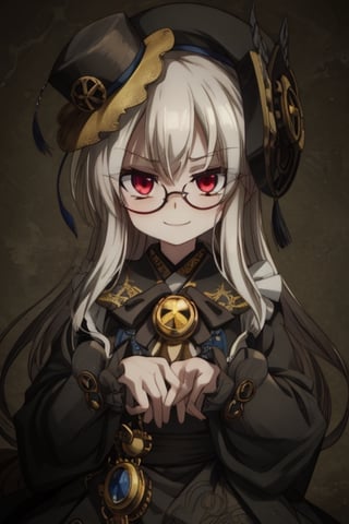 8k resolution, high resolution, masterpiece, intricate details, highly detailed, HD quality, solo, 1girl, loli, Steampunk dress, steampunk hat, top hat, black and gold clothing colors, gears in the background, dark background, white hair, long smooth hair, red eyes, pale skin, thin smile, thoughtful expression, thoughtful look, monocle on the right eye, looking at viewer, rich colors, vibrant colors, detailed eyes, super detailed, extremely beautiful graphics, super detailed skin, best quality, highest quality, high detail, masterpiece, detailed skin, perfect anatomy, perfect body, perfect hands, perfect fingers, complex details, reflective hair, textured hair, best quality, super detailed, complex details, high resolution,  

,A Traditional Japanese Art,Kakure Eria,ARTby Noise,Landidzu,HarryDraws,Shadbase ,Shadman,Glitching,Star vs. the Forces of Evil ,In the style of gravityfalls,Solo Levelling,I’ve Been Killing Slimes for 300 Years,kobayashi-san chi no maid dragon ,Oerlord,illya