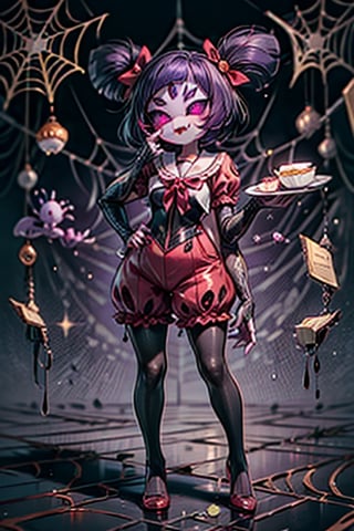 8k resolution, high resolution, masterpiece,  intricate details, highly detailed, HD quality, best quality, vibrant colors, 1girl,muffet,(muffetwear), monster girl,((purple body:1.3)),humanoid, arachnid, anthro,((fangs)),pigtails,hair bows,5 eyes,spider girl,6 arms,solo,clothed,6 hands,detailed hands,((spider webs:1.4)),bloomers,red and black clothing, armwear,  detailed eyes, super detailed, extremely beautiful graphics, super detailed skin, best quality, highest quality, high detail, masterpiece, detailed skin, perfect anatomy, perfect hands, perfect fingers, complex details, reflective hair, textured hair, best quality, super detailed, complex details, high resolution, looking at the viewer, rich colors, ,muffetwear,Shadbase ,JCM2,DAGASI,Oerlord,illya,In the style of gravityfalls,tensura,Mrploxykun,BORN-TO-DIE,Captain kirb