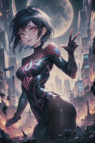 8k resolution, high resolution, masterpiece, intricate details, highly detailed, HD quality, solo, loli, short stature, little girls, only girls, dark background, rain, scarlet moon, crimson moon, moon, moon on the background, science fiction, science fiction city, red neon,

Peni Parker.red eyes.shining scarlet eyes.shining eyes.black hair.short haircut.slim build.teenage girl.Spiderman.Marvel.superhero.young woman.slim build.the red web.tight-fitting suit.black and red clothes.black spider print on the chest.black spider emblem.spider print.black print.hood.stretched hood.cheked smile.funny expression.fighting pose,

focus on the whole body, the whole body in the frame, the body is completely in the frame, the body does not leave the frame, detailed hands, detailed fingers, perfect body, perfect anatomy, wet bodies, rich colors, vibrant colors, detailed eyes, super detailed, extremely beautiful graphics, super detailed skin, best quality, highest quality, high detail, masterpiece, detailed skin, perfect anatomy, perfect body, perfect hands, perfect fingers, complex details, reflective hair, textured hair, best quality,super detailed,complex details, high resolution,

,AGGA_ST011,ChronoTemp ,illya,Star vs. the Forces of Evil ,Captain kirb,jtveemo,JCM2,Mrploxykun,Gerph ,Jago,Overlord,Artist,penini,C7b3rp0nkStyle,High detailed 