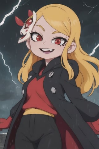 8k resolution, high resolution, masterpiece, long black scaly coat, open coat, yellow hair, white trickster mask,mocking smile painted on the mask,red smile, fanged smile,red eyes painted on the mask,squinted eyes, black gloves, black pants, arms thrown to the side, looking at the viewer, scarlet lightning in the background, rain, thunderstorm, the whole body in the frame, solo, detailed eyes, super detailed, extremely beautiful graphics, super detailed skin, best quality, highest quality, high detail, masterpiece, detailed skin, perfect anatomy, perfect hands, perfect fingers, complex details, reflective hair, textured hair, best quality, super detailed, complex details, high resolution, looking at the viewer, rich colors,Mrploxykun,JCM2