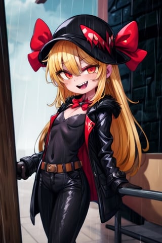 8k resolution, high resolution, masterpiece, long black scaly coat, open coat, yellow hair, white trickster mask,mocking smile painted on the mask,red smile, fanged smile,red eyes painted on the mask,squinted eyes, black gloves, black pants, arms thrown to the side, looking at the viewer, scarlet lightning in the background, rain, thunderstorm, the whole body in the frame, solo, detailed eyes, super detailed, extremely beautiful graphics, super detailed skin, best quality, highest quality, high detail, masterpiece, detailed skin, perfect anatomy, perfect hands, perfect fingers, complex details, reflective hair, textured hair, best quality, super detailed, complex details, high resolution, looking at the viewer, rich colors,Mrploxykun,JCM2,High detailed ,perfecteyes,Color magic