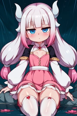 8k resolution, high resolution, masterpiece, intricate details, highly detailed, HD quality, solo, loli, black desert on the background, night, rain, red stars in the sky, scarlet moon, Kana Kamui.white hair.Blue eyes.two straight slightly curved horns.(Kanna Kamui's clothes).pink dress.white stockings to the knees.the expression is emotionless.confused expression.satisfied expression, focus on the whole body, the whole body in the frame, small breasts, vds, looking at viewer, wet, rich colors, vibrant colors, detailed eyes, super detailed, extremely beautiful graphics, super detailed skin, best quality, highest quality, high detail, masterpiece, detailed skin, perfect anatomy, perfect body, perfect hands, perfect fingers, complex details, reflective hair, textured hair, best quality, super detailed, complex details, high resolution,  

,Mrploxykun,Shadbase ,USA,Kanna Kamui ,Captain kirb