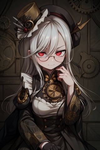 8k resolution, high resolution, masterpiece, intricate details, highly detailed, HD quality, solo, 1girl, loli, Steampunk dress, steampunk hat, top hat, black and gold clothing colors, gears in the background, dark background, white hair, long smooth hair, red eyes, pale skin, thin smile, thoughtful expression, thoughtful look, monocle on the right eye, looking at viewer, rich colors, vibrant colors, detailed eyes, super detailed, extremely beautiful graphics, super detailed skin, best quality, highest quality, high detail, masterpiece, detailed skin, perfect anatomy, perfect body, perfect hands, perfect fingers, complex details, reflective hair, textured hair, best quality, super detailed, complex details, high resolution,  

,A Traditional Japanese Art,Kakure Eria,ARTby Noise,Landidzu,HarryDraws,Shadbase ,Shadman,Glitching,Star vs. the Forces of Evil ,In the style of gravityfalls,Solo Levelling,I’ve Been Killing Slimes for 300 Years,kobayashi-san chi no maid dragon ,Oerlord,illya,tensura,the legend of korra,arcane style,wzrokudostyle