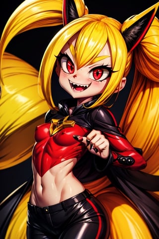 8k resolution, high resolution, masterpiece, intricate details, highly detailed, HD quality, solo, loli, short stature, little girls, only girls, dark background, rain, scarlet moon, crimson moon, moon, moon on the background, 

Red eyes.black sclera.vertical pupil.cat's pupil.glowing eyes.fangs.fox ears.a fox's tail behind his back.claws on the fingers.claw.black claws.small claws.blonde.yellow hair.long hair.straight hair.two ponytails.black scaly coat.black pants.an evil expression.grin.a joyful expression.fighting pose, 

focus on the whole body, the whole body in the frame, the body is completely in the frame, the body does not leave the frame, detailed hands, detailed fingers, perfect body, perfect anatomy, wet bodies, rich colors, vibrant colors, detailed eyes, super detailed, extremely beautiful graphics, super detailed skin, best quality, highest quality, high detail, masterpiece, detailed skin, perfect anatomy, perfect body, perfect hands, perfect fingers, complex details, reflective hair, textured hair, best quality,super detailed,complex details, high resolution,

,jcdDX_soul3142,JCM2,High detailed ,USA,Color magic,AmyRose,Mrploxykun,Sonic,perfecteyes,Artist,AGGA_ST011,AGGA_ST005,rizdraws,fairy_tail_style,Oerlord,illya,hornet,HarryDraws,jtveemo,ChronoTemp ,Star vs. the Forces of Evil ,arcane style,Landidzu,Captain kirb,Saturated colors,Color saturation ,DAGASI