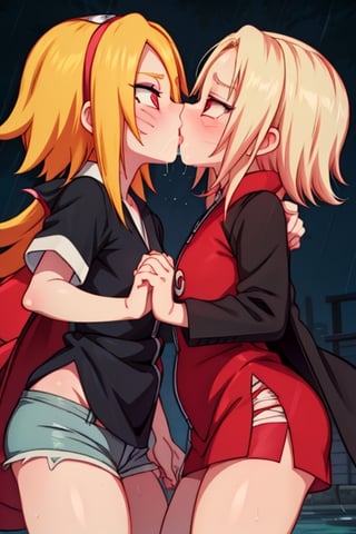 8k resolution, high resolution, masterpiece, intricate details, highly detailed, HD quality, solo, loli, dark background, black desert, scarlet moon,red moon, moon, rain,  2_girls, girls kissing, Naruko uzumaki.red eyes.(Naruko uzumaki has red eyes).blonde.yellow hair.Naruko uzumaki's clothes.black coat.black pants.a gentle expression.a satisfied expression.a playful expression.(Naruko towers over her partner), Sakura Haruno.green eyes.(Sakura Haruno has green eyes).pink hair.short hair.(Haruno Sakura's clothes.red dress with cutouts on the sides.black tight shorts.an embarrassed expression.a happy expression.amorous expression, kiss, two girls kissing, naruko and wednesday kissing, spittle, lesbian kiss, yuri, detailed kiss, kiss with tongues, detailed languages, focus on the whole body, the whole body in the frame, small breasts, rich colors, vibrant colors, detailed eyes, super detailed, extremely beautiful graphics, super detailed skin, best quality, highest quality, high detail, masterpiece, detailed skin, perfect anatomy, perfect body, perfect hands, perfect fingers, complex details, reflective hair, textured hair, best quality,super detailed,complex details, high resolution,

Shadbase,Ankha,USA,Sonique,Sonic,Naruto,Wednesday Addams  ,kiss,JCM2,Naruko,Shadbase ,Mrploxykun, Addams ,Artist,haruno sakura