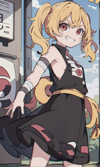 masterpiece, best quality, spectacular, solo, Naruko_Uzumaki, yellow hair, two pigtails, red eyes, animal vertical pupils, small breasts, loli, cheeky smile, straight pose, looks at the viewer, scarlet cloak, hands tied with black bandages, forearms tied with black bandages, black belt, black pants, black t-shirt with the red sign of the whirlpool, perfect eyes, perfect body, perfect anatomy , cartoon, Naruto, 