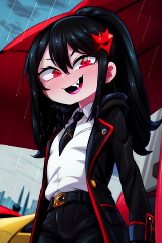 8k resolution, high resolution, masterpiece, long black scaly coat, open coat, yellow hair, white trickster mask,mocking smile painted on the mask,red smile, fanged smile,red eyes painted on the mask,squinted eyes, black gloves, black pants, arms thrown to the side, looking at the viewer, scarlet lightning in the background, rain, thunderstorm, the whole body in the frame, solo, detailed eyes, super detailed, extremely beautiful graphics, super detailed skin, best quality, highest quality, high detail, masterpiece, detailed skin, perfect anatomy, perfect hands, perfect fingers, complex details, reflective hair, textured hair, best quality, super detailed, complex details, high resolution, looking at the viewer, rich colors,Mrploxykun,JCM2,Artist,Captain kirb