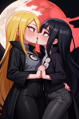 8k resolution, high resolution, masterpiece, intricate details, highly detailed, HD quality, solo, loli, dark background, black desert, scarlet moon,red moon, moon, rain,  2_girls, girls kissing, Naruko uzumaki.red eyes.(Naruko uzumaki has red eyes).blonde.yellow hair.Naruko uzumaki's clothes.black coat.black pants.a gentle expression.a satisfied expression.a playful expression.(Naruko towers over her partner), Hinata Hyuga.dark blue hair.pale lilac eyes.no pupils.Hinata Hugo's clothes.shinobi clothes.grey jacket.black pants.an embarrassed expression.happy recovery.joyful expression, kiss, two girls kissing, naruko and wednesday kissing, spittle, lesbian kiss, yuri, detailed kiss, kiss with tongues, detailed languages, focus on the whole body, the whole body in the frame, small breasts, rich colors, vibrant colors, detailed eyes, super detailed, extremely beautiful graphics, super detailed skin, best quality, highest quality, high detail, masterpiece, detailed skin, perfect anatomy, perfect body, perfect hands, perfect fingers, complex details, reflective hair, textured hair, best quality,super detailed,complex details, high resolution,

Shadbase,Ankha,USA,Sonique,Sonic,Naruto,Wednesday Addams  ,kiss,JCM2,Naruko,Shadbase ,Mrploxykun, Addams ,Artist,haruno sakura,Hinata