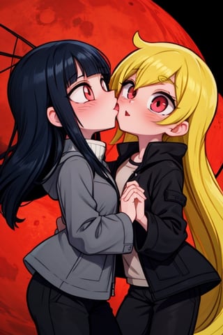 8k resolution, high resolution, masterpiece, intricate details, highly detailed, HD quality, solo, loli, dark background, black desert, scarlet moon,red moon, moon, rain,  2_girls, girls kissing, Naruko uzumaki.red eyes.(Naruko uzumaki has red eyes).blonde.yellow hair.Naruko uzumaki's clothes.black coat.black pants.a gentle expression.a satisfied expression.a playful expression.(Naruko towers over her partner), Hinata Hyuga.dark blue hair.pale lilac eyes.no pupils.Hinata Hugo's clothes.shinobi clothes.grey jacket.black pants.an embarrassed expression.happy recovery.joyful expression, kiss, two girls kissing, naruko and wednesday kissing, spittle, lesbian kiss, yuri, detailed kiss, kiss with tongues, detailed languages, focus on the whole body, the whole body in the frame, small breasts, rich colors, vibrant colors, detailed eyes, super detailed, extremely beautiful graphics, super detailed skin, best quality, highest quality, high detail, masterpiece, detailed skin, perfect anatomy, perfect body, perfect hands, perfect fingers, complex details, reflective hair, textured hair, best quality,super detailed,complex details, high resolution,

,jtveemo,himenoa,Star vs. the Forces of Evil 