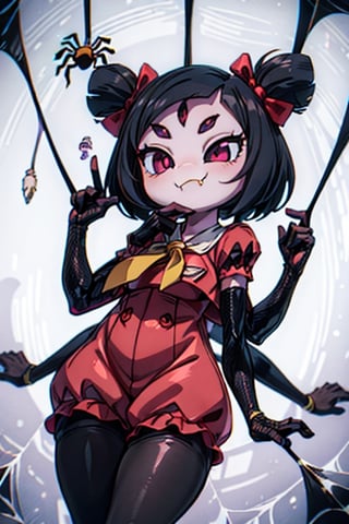 8k resolution, high resolution, masterpiece,  intricate details, highly detailed, HD quality, best quality, vibrant colors, 1girl,muffet,(muffetwear), monster girl,((purple body:1.3)),humanoid, arachnid, anthro,((fangs)),pigtails,hair bows,5 eyes,spider girl,6 arms,solo,clothed,6 hands,detailed hands,((spider webs:1.4)),bloomers,red and black clothing, armwear,  detailed eyes, super detailed, extremely beautiful graphics, super detailed skin, best quality, highest quality, high detail, masterpiece, detailed skin, perfect anatomy, perfect hands, perfect fingers, complex details, reflective hair, textured hair, best quality, super detailed, complex details, high resolution, looking at the viewer, rich colors, ,muffetwear,Shadbase ,JCM2,DAGASI,Oerlord,illya,In the style of gravityfalls,tensura,Mrploxykun,BORN-TO-DIE,Captain kirb,ChronoTemp ,spy x family style