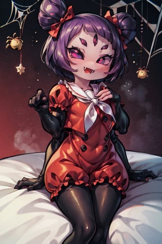 8k resolution, high resolution, masterpiece,  intricate details, highly detailed, HD quality, best quality, vibrant colors, 1girl,muffet,(muffetwear), monster girl,((purple body:1.3)),humanoid, arachnid, anthro,((fangs)),pigtails,hair bows,5 eyes,spider girl,6 arms,solo,clothed,6 hands,detailed hands,((spider webs:1.4)),bloomers,red and black clothing, armwear,  detailed eyes, super detailed, extremely beautiful graphics, super detailed skin, best quality, highest quality, high detail, masterpiece, detailed skin, perfect anatomy, perfect hands, perfect fingers, complex details, reflective hair, textured hair, best quality, super detailed, complex details, high resolution, looking at the viewer, rich colors, ,muffetwear,Shadbase ,JCM2,DAGASI,Oerlord,illya,In the style of gravityfalls,tensura,Mrploxykun,BORN-TO-DIE,Captain kirb