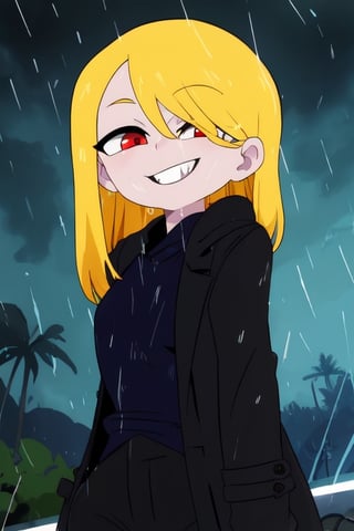 8k resolution, high resolution, masterpiece, long black scaly coat, open coat, yellow hair, white trickster mask,mocking smile painted on the mask,red smile, fanged smile,red eyes painted on the mask,squinted eyes, black gloves, black pants, arms thrown to the side, looking at the viewer, scarlet lightning in the background, rain, thunderstorm, the whole body in the frame, solo, detailed eyes, super detailed, extremely beautiful graphics, super detailed skin, best quality, highest quality, high detail, masterpiece, detailed skin, perfect anatomy, perfect hands, perfect fingers, complex details, reflective hair, textured hair, best quality, super detailed, complex details, high resolution, looking at the viewer, rich colors,Mrploxykun,JCM2