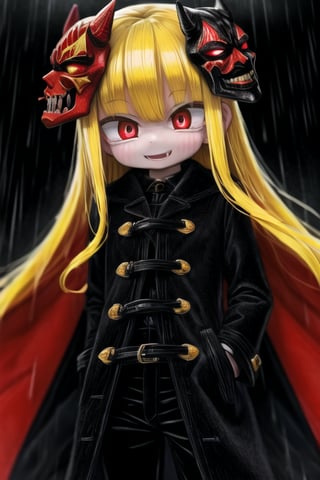 8k resolution, high resolution, masterpiece, long black scaly coat, open coat, yellow hair, white trickster mask,mocking smile painted on the mask,red smile, fanged smile,red eyes painted on the mask,squinted eyes, black gloves, black pants, arms thrown to the side, looking at the viewer, scarlet lightning in the background, rain, thunderstorm, the whole body in the frame, solo, 