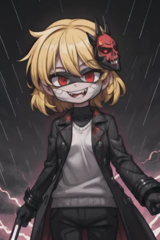 8k resolution, high resolution, masterpiece, long black scaly coat, open coat, yellow hair, white trickster mask,mocking smile painted on the mask,red smile, fanged smile,red eyes painted on the mask,squinted eyes, black gloves, black pants, arms thrown to the side, looking at the viewer, scarlet lightning in the background, rain, thunderstorm, the whole body in the frame, solo, 