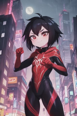 8k resolution, high resolution, masterpiece, intricate details, highly detailed, HD quality, solo, loli, short stature, little girls, only girls, dark background, rain, scarlet moon, crimson moon, moon, moon on the background, science fiction, science fiction city, red neon, blood red neon, burgundy red neon,

Peni Parker.red eyes.shining scarlet eyes.shining eyes.black hair.short haircut.slim build.teenage girl.Spiderman.Marvel.superhero.young woman.slim build.the red web.tight-fitting suit.black and red clothes.black spider print on the chest.black spider emblem.spider print.black print.hood.stretched hood.cheked smile.funny expression.fighting pose,

focus on the whole body, the whole body in the frame, the body is completely in the frame, the body does not leave the frame, detailed hands, detailed fingers, perfect body, perfect anatomy, wet bodies, rich colors, vibrant colors, detailed eyes, super detailed, extremely beautiful graphics, super detailed skin, best quality, highest quality, high detail, masterpiece, detailed skin, perfect anatomy, perfect body, perfect hands, perfect fingers, complex details, reflective hair, textured hair, best quality,super detailed,complex details, high resolution,

,AGGA_ST011,ChronoTemp ,illya,Star vs. the Forces of Evil ,Captain kirb,jtveemo,JCM2,Mrploxykun,Gerph ,Jago,Overlord,Artist,penini,C7b3rp0nkStyle,High detailed 