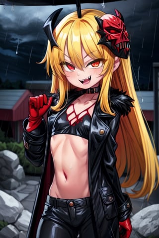 8k resolution, high resolution, masterpiece, long black scaly coat, open coat, yellow hair, white trickster mask,mocking smile painted on the mask,red smile, fanged smile,red eyes painted on the mask,squinted eyes, black gloves, black pants, arms thrown to the side, looking at the viewer, scarlet lightning in the background, rain, thunderstorm, the whole body in the frame, solo, 