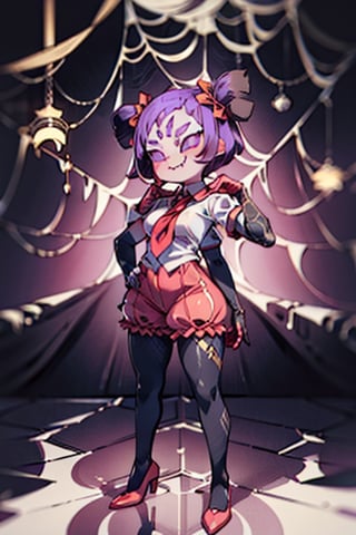 8k resolution, high resolution, masterpiece,  intricate details, highly detailed, HD quality, best quality, vibrant colors, 1girl,muffet,(muffetwear), monster girl,((purple body:1.3)),humanoid, arachnid, anthro,((fangs)),pigtails,hair bows,5 eyes,spider girl,6 arms,solo,clothed,6 hands,detailed hands,((spider webs:1.4)),bloomers,red and black clothing, armwear,  detailed eyes, super detailed, extremely beautiful graphics, super detailed skin, best quality, highest quality, high detail, masterpiece, detailed skin, perfect anatomy, perfect hands, perfect fingers, complex details, reflective hair, textured hair, best quality, super detailed, complex details, high resolution, looking at the viewer, rich colors, ,muffetwear,Shadbase ,JCM2,DAGASI,Oerlord,illya,In the style of gravityfalls,tensura,Mrploxykun,BORN-TO-DIE,Captain kirb