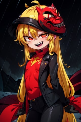 8k resolution, high resolution, masterpiece, long black scaly coat, open coat, yellow hair, white trickster mask,mocking smile painted on the mask,red smile, fanged smile,red eyes painted on the mask,squinted eyes, black gloves, black pants, arms thrown to the side, looking at the viewer, scarlet lightning in the background, rain, thunderstorm, the whole body in the frame, solo, detailed eyes, super detailed, extremely beautiful graphics, super detailed skin, best quality, highest quality, high detail, masterpiece, detailed skin, perfect anatomy, perfect hands, perfect fingers, complex details, reflective hair, textured hair, best quality, super detailed, complex details, high resolution, looking at the viewer, rich colors,Mrploxykun,JCM2,High detailed ,perfecteyes,Color magic,War of the Visions  ,Saturated colors,Artist