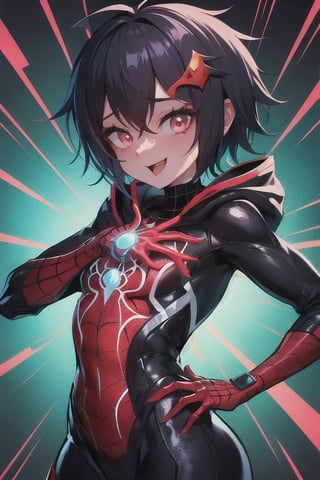 8k resolution, high resolution, masterpiece, intricate details, highly detailed, HD quality, solo, loli, short stature, little girls, only girls, dark background, rain, scarlet moon, crimson moon, moon, moon on the background, science fiction, science fiction city, red neon, blood red neon, burgundy red neon,

Peni Parker.red eyes.shining scarlet eyes.shining eyes.black hair.short haircut.slim build.teenage girl.Spiderman.Marvel.superhero.young woman.slim build.the red web.tight-fitting suit.black and red clothes.black spider print on the chest.black spider emblem.spider print.black print.hood.stretched hood.cheked smile.funny expression.fighting pose,

focus on the whole body, the whole body in the frame, the body is completely in the frame, the body does not leave the frame, detailed hands, detailed fingers, perfect body, perfect anatomy, wet bodies, rich colors, vibrant colors, detailed eyes, super detailed, extremely beautiful graphics, super detailed skin, best quality, highest quality, high detail, masterpiece, detailed skin, perfect anatomy, perfect body, perfect hands, perfect fingers, complex details, reflective hair, textured hair, best quality,super detailed,complex details, high resolution,

,AGGA_ST011,ChronoTemp ,illya,Star vs. the Forces of Evil ,Captain kirb,jtveemo,JCM2,Mrploxykun,Gerph ,Jago,Overlord,Artist,penini,C7b3rp0nkStyle,High detailed ,neon palette