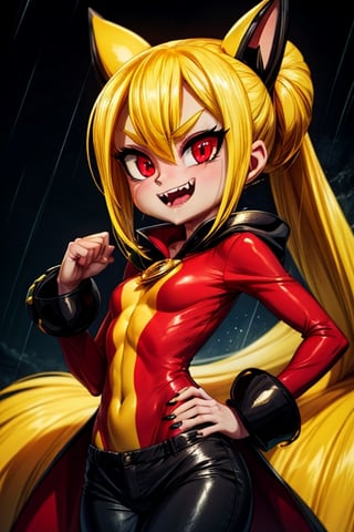 8k resolution, high resolution, masterpiece, intricate details, highly detailed, HD quality, solo, loli, short stature, little girls, only girls, dark background, rain, scarlet moon, crimson moon, moon, moon on the background, 

Red eyes.black sclera.vertical pupil.cat's pupil.glowing eyes.fangs.fox ears.a fox's tail behind his back.claws on the fingers.claw.black claws.small claws.blonde.yellow hair.long hair.straight hair.two ponytails.black scaly coat.black pants.an evil expression.grin.a joyful expression.fighting pose, 

focus on the whole body, the whole body in the frame, the body is completely in the frame, the body does not leave the frame, detailed hands, detailed fingers, perfect body, perfect anatomy, wet bodies, rich colors, vibrant colors, detailed eyes, super detailed, extremely beautiful graphics, super detailed skin, best quality, highest quality, high detail, masterpiece, detailed skin, perfect anatomy, perfect body, perfect hands, perfect fingers, complex details, reflective hair, textured hair, best quality,super detailed,complex details, high resolution,

,jcdDX_soul3142,JCM2,High detailed ,USA,Color magic,AmyRose,Mrploxykun,Sonic,perfecteyes,Artist,AGGA_ST011,AGGA_ST005,rizdraws,fairy_tail_style,Oerlord,illya,hornet,HarryDraws,jtveemo,ChronoTemp ,Star vs. the Forces of Evil ,arcane style,Landidzu,Captain kirb,Saturated colors,Color saturation ,DAGASI