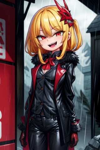 8k resolution, high resolution, masterpiece, long black scaly coat, open coat, yellow hair, white trickster mask,mocking smile painted on the mask,red smile, fanged smile,red eyes painted on the mask,squinted eyes, black gloves, black pants, arms thrown to the side, looking at the viewer, scarlet lightning in the background, rain, thunderstorm, the whole body in the frame, solo, 