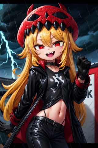 8k, resolution, high resolution, masterpiece, long black scaly coat, open coat, yellow hair, white trickster mask,mocking smile painted on the mask,red smile, fanged smile,red eyes painted on the mask,squinted eyes, black gloves, black pants, arms thrown to the side, looking at the viewer, scarlet lightning in the background, rain, thunderstorm, the whole body in the frame, solo, 