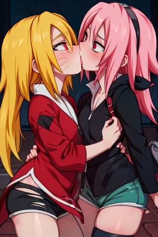 8k resolution, high resolution, masterpiece, intricate details, highly detailed, HD quality, solo, loli, dark background, black desert, scarlet moon,red moon, moon, rain,  2_girls, girls kissing, Naruko uzumaki.red eyes.(Naruko uzumaki has red eyes).blonde.yellow hair.Naruko uzumaki's clothes.black coat.black pants.a gentle expression.a satisfied expression.a playful expression.(Naruko towers over her partner), Sakura Haruno.green eyes.(Sakura Haruno has green eyes).pink hair.short hair.(Haruno Sakura's clothes.red dress with cutouts on the sides.black tight shorts.an embarrassed expression.a happy expression.amorous expression, kiss, two girls kissing, naruko and wednesday kissing, spittle, lesbian kiss, yuri, detailed kiss, kiss with tongues, detailed languages, focus on the whole body, the whole body in the frame, small breasts, rich colors, vibrant colors, detailed eyes, super detailed, extremely beautiful graphics, super detailed skin, best quality, highest quality, high detail, masterpiece, detailed skin, perfect anatomy, perfect body, perfect hands, perfect fingers, complex details, reflective hair, textured hair, best quality,super detailed,complex details, high resolution,

Shadbase,Ankha,USA,Sonique,Sonic,Naruto,Wednesday Addams  ,kiss,JCM2,Naruko,Shadbase ,Mrploxykun, Addams ,Artist,haruno sakura