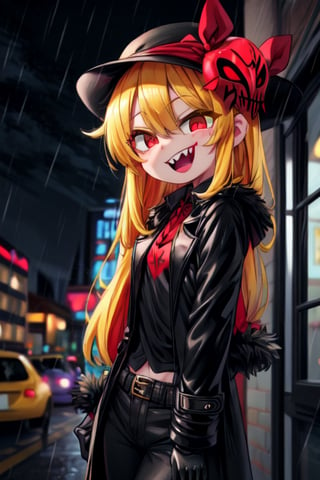 8k, resolution, high resolution, masterpiece, long black scaly coat, open coat, yellow hair, white trickster mask,mocking smile painted on the mask,red smile, fanged smile,red eyes painted on the mask,squinted eyes, black gloves, black pants, arms thrown to the side, looking at the viewer, scarlet lightning in the background, rain, thunderstorm, the whole body in the frame, solo, 