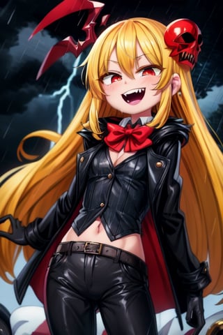 8k, resolution, high resolution, masterpiece, long black scaly coat, open coat, yellow hair, white trickster mask,mocking smile painted on the mask,red smile, fanged smile,red eyes painted on the mask,squinted eyes, black gloves, black pants, arms thrown to the side, looking at the viewer, scarlet lightning in the background, rain, thunderstorm, the whole body in the frame, solo, 