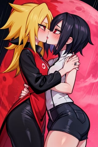 8k resolution, high resolution, masterpiece, intricate details, highly detailed, HD quality, solo, loli, dark background, black desert, scarlet moon,red moon, moon, rain,  2_girls, girls kissing, Naruko uzumaki.red eyes.(Naruko uzumaki has red eyes).blonde.yellow hair.Naruko uzumaki's clothes.black coat.black pants.a gentle expression.a satisfied expression.a playful expression.(Naruko towers over her partner), Sakura Haruno.Haruno Sakura's eyes.pink hair.short hair.(Haruno Sakura's clothes.red dress with cutouts on the sides.black tight shorts.an embarrassed expression.a happy expression.amorous expression, kiss, two girls kissing, naruko and wednesday kissing, spittle, lesbian kiss, yuri, detailed kiss, kiss with tongues, detailed languages, focus on the whole body, the whole body in the frame, small breasts, rich colors, vibrant colors, detailed eyes, super detailed, extremely beautiful graphics, super detailed skin, best quality, highest quality, high detail, masterpiece, detailed skin, perfect anatomy, perfect body, perfect hands, perfect fingers, complex details, reflective hair, textured hair, best quality,super detailed,complex details, high resolution,

Shadbase,Ankha,USA,Sonique,Sonic,Naruto,Wednesday Addams  ,kiss,JCM2,Naruko,Shadbase ,Mrploxykun, Addams ,Artist,haruno sakura