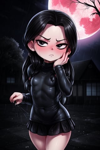 8k resolution, high resolution, masterpiece, intricate details, highly detailed, HD quality, solo, loli, short stature, little girls, only girls, dark background, rain, scarlet moon, crimson moon, moon, moon on the background,

Wednesday Addams.black eyes.black hair.long hair.straight hair.Wednesday Addams clothing.tight clothes.sexy clothes.black jacket.white shirt.black skirt.emotionless expression.a cold expression.relaxed posture.sexy pose,

small breasts, flat breasts, focus on the whole body, the whole body in the frame, the body is completely in the frame, the body does not leave the frame, detailed hands, detailed fingers, perfect body, perfect anatomy, wet bodies, rich colors, vibrant colors, detailed eyes, super detailed, extremely beautiful graphics, super detailed skin, best quality, highest quality, high detail, masterpiece, detailed skin, perfect anatomy, perfect body, perfect hands, perfect fingers, complex details, reflective hair, textured hair, best quality,super detailed,complex details, high resolution,

,USA,haruno sakura,JCM2,Oerlord,High detailed ,weapon,black eyes,chibi,fgo sprite,spy x family style,Star vs. the Forces of Evil ,Mrploxykun,jtveemo,DAGASI,BORN-TO-DIE,Captain kirb,Shadbase ,Artist,Ankha,Animal Crossing,War of the Visions  ,Wednesday Addams  