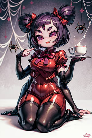 8k resolution, high resolution, masterpiece,  intricate details, highly detailed, HD quality, best quality, vibrant colors, 1girl,muffet,(muffetwear), monster girl,((purple body:1.3)),humanoid, arachnid, anthro,((fangs)),pigtails,hair bows,5 eyes,spider girl,6 arms,solo,clothed,6 hands,detailed hands,((spider webs:1.4)),bloomers,red and black clothing, armwear,  detailed eyes, super detailed, extremely beautiful graphics, super detailed skin, best quality, highest quality, high detail, masterpiece, detailed skin, perfect anatomy, perfect hands, perfect fingers, complex details, reflective hair, textured hair, best quality, super detailed, complex details, high resolution, looking at the viewer, rich colors, ,muffetwear,Shadbase ,JCM2,DAGASI,Oerlord,illya,In the style of gravityfalls,tensura,Mrploxykun