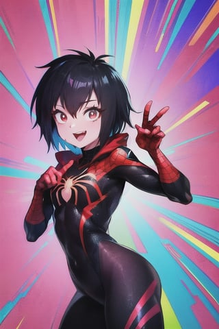 8k resolution, high resolution, masterpiece, intricate details, highly detailed, HD quality, solo, loli, short stature, little girls, only girls, dark background, rain, scarlet moon, crimson moon, moon, moon on the background, science fiction, science fiction city, red neon, blood red neon, burgundy red neon,

Peni Parker.red eyes.shining scarlet eyes.shining eyes.black hair.short haircut.slim build.teenage girl.Spiderman.Marvel.superhero.young woman.slim build.the red web.tight-fitting suit.black and red clothes.black spider print on the chest.black spider emblem.spider print.black print.hood.stretched hood.cheked smile.funny expression.fighting pose,

focus on the whole body, the whole body in the frame, the body is completely in the frame, the body does not leave the frame, detailed hands, detailed fingers, perfect body, perfect anatomy, wet bodies, rich colors, vibrant colors, detailed eyes, super detailed, extremely beautiful graphics, super detailed skin, best quality, highest quality, high detail, masterpiece, detailed skin, perfect anatomy, perfect body, perfect hands, perfect fingers, complex details, reflective hair, textured hair, best quality,super detailed,complex details, high resolution,

,Overlord,neon palette