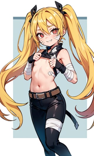 masterpiece, best quality, spectacular, solo, Naruko_Uzumaki, yellow hair, two pigtails, red eyes, elongated vertical pupils, small breasts, loli, cheeky smile, straight pose, looks at the viewer, hands tied with black bandages, forearms tied with black bandages, black belt, black pants, chest bandaged black bandages, perfect eyes, perfect body, perfect anatomy , cartoon, naruto,Cromachina,wagashi