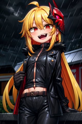 8k resolution, high resolution, masterpiece, long black scaly coat, open coat, yellow hair, white trickster mask,mocking smile painted on the mask,red smile, fanged smile,red eyes painted on the mask,squinted eyes, black gloves, black pants, arms thrown to the side, looking at the viewer, scarlet lightning in the background, rain, thunderstorm, the whole body in the frame, solo, 