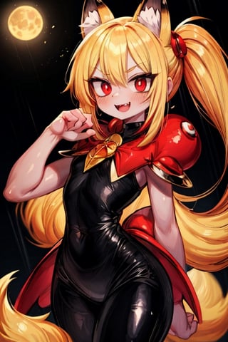 8k resolution, high resolution, masterpiece, intricate details, highly detailed, HD quality, solo, loli, short stature, little girls, only girls, dark background, rain, scarlet moon, crimson moon, moon, moon on the background, 

Red eyes.black sclera.vertical pupil.cat's pupil.glowing eyes.fangs.fox ears.a fox's tail behind his back.claws on the fingers.claw.black claws.small claws.blonde.yellow hair.long hair.straight hair.two ponytails.black scaly coat.black pants.an evil expression.grin.a joyful expression.fighting pose, 

focus on the whole body, the whole body in the frame, the body is completely in the frame, the body does not leave the frame, detailed hands, detailed fingers, perfect body, perfect anatomy, wet bodies, rich colors, vibrant colors, detailed eyes, super detailed, extremely beautiful graphics, super detailed skin, best quality, highest quality, high detail, masterpiece, detailed skin, perfect anatomy, perfect body, perfect hands, perfect fingers, complex details, reflective hair, textured hair, best quality,super detailed,complex details, high resolution,

,jcdDX_soul3142,JCM2,High detailed ,USA,Color magic,AmyRose,Mrploxykun,Sonic,perfecteyes,Artist,AGGA_ST011,AGGA_ST005,rizdraws,fairy_tail_style,Oerlord,illya,hornet,HarryDraws,jtveemo,ChronoTemp ,Star vs. the Forces of Evil ,arcane style,Landidzu,Captain kirb,Saturated colors,Color saturation ,DAGASI