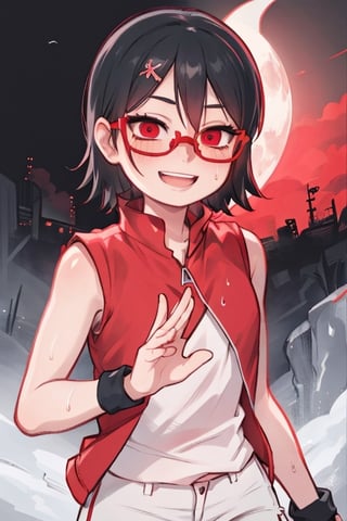 8k resolution, high resolution, masterpiece, intricate details, highly detailed, HD quality, solo, short stature, only girls, dark background, rain, scarlet moon, crimson moon, moon, moon on the background, loli,

Sarada Uchiha.red eyes.black hair.short hair.bangs on the forehead.slim build.a teenage girl.The clothes of the Uchiha Succession.shinobi clothes.sexy clothes.red vest.thin vest.white shorts.loose shorts.glasses.smile.a crazy smile.a cheeky expression.crazy expression.an insanely cheerful expression.a conspiratorial expression.sexy pose.fighting pose.lustful pose.perverted pose, 

focus on the whole body, the whole body in the frame, the body is completely in the frame, the body does not leave the frame, detailed hands, detailed fingers, perfect body, perfect anatomy, wet bodies, rich colors, vibrant colors, detailed eyes, super detailed, extremely beautiful graphics, super detailed skin, best quality, highest quality, high detail, masterpiece, detailed skin, perfect anatomy, perfect body, perfect hands, perfect fingers, complex details, reflective hair, textured hair, best quality,super detailed,complex details, high resolution,

,perfecteyes,USA,Mrploxykun,jtveemo,JCM2,Captain kirb,Artist,AGGA_ST011,fantai12,Oerlord,arcane style,らす ,The Pink Pirate,Saradauchiha