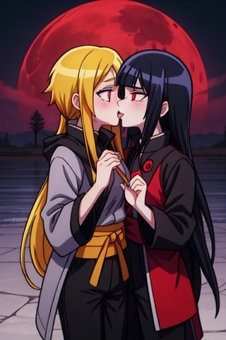 8k resolution, high resolution, masterpiece, intricate details, highly detailed, HD quality, solo, loli, dark background, black desert, scarlet moon,red moon, moon, rain,  2_girls, girls kissing, Naruko uzumaki.red eyes.(Naruko uzumaki has red eyes).blonde.yellow hair.Naruko uzumaki's clothes.black coat.black pants.a gentle expression.a satisfied expression.a playful expression.(Naruko towers over her partner), Hinata Hyuga.dark blue hair.pale lilac eyes.no pupils.Hinata Hugo's clothes.shinobi clothes.grey jacket.black pants.an embarrassed expression.happy recovery.joyful expression, kiss, two girls kissing, naruko and wednesday kissing, spittle, lesbian kiss, yuri, detailed kiss, kiss with tongues, detailed languages, focus on the whole body, the whole body in the frame, small breasts, rich colors, vibrant colors, detailed eyes, super detailed, extremely beautiful graphics, super detailed skin, best quality, highest quality, high detail, masterpiece, detailed skin, perfect anatomy, perfect body, perfect hands, perfect fingers, complex details, reflective hair, textured hair, best quality,super detailed,complex details, high resolution,

,jtveemo,himenoa,Star vs. the Forces of Evil ,Naruto,Landidzu,arcane style,Oerlord