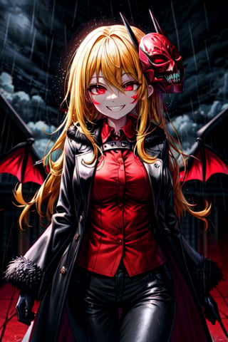 8k resolution, high resolution, masterpiece, long black scaly coat, open coat, yellow hair, white trickster mask,mocking smile painted on the mask,red smile, fanged smile,red eyes painted on the mask,squinted eyes, black gloves, black pants, arms thrown to the side, looking at the viewer, scarlet lightning in the background, rain, thunderstorm, the whole body in the frame, solo, 