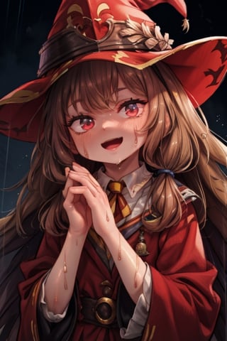 8k resolution, high resolution, masterpiece, intricate details, highly detailed, HD quality, solo, loli, black desert on the background, night, rain, red stars in the sky, scarlet moon, Hermione Granger. Red eyes.brown hair.(Hermione Granger's clothes). the wizard's red robe.a crazy smile.funny expression.a satisfied expression.expression of ecstasy, focus on the whole body, the whole body in the frame, small breasts, vds, looking at viewer, wet, rich colors, vibrant colors, detailed eyes, super detailed, extremely beautiful graphics, super detailed skin, best quality, highest quality, high detail, masterpiece, detailed skin, perfect anatomy, perfect body, perfect hands, perfect fingers, complex details, reflective hair, textured hair, best quality, super detailed, complex details, high resolution,  

,Mrploxykun,Shadbase ,USA,Kanna Kamui ,Hat Kid,Hermione Granger