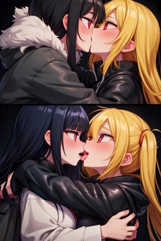 8k resolution, high resolution, masterpiece, intricate details, highly detailed, HD quality, solo, loli, dark background, black desert, scarlet moon,red moon, moon, rain,  2_girls, girls kissing, Naruko uzumaki.red eyes.(Naruko uzumaki has red eyes).blonde.yellow hair.Naruko uzumaki's clothes.black coat.black pants.a gentle expression.a satisfied expression.a playful expression.(Naruko towers over her partner), Hinata Hyuga.dark blue hair.pale lilac eyes.no pupils.Hinata Hugo's clothes.shinobi clothes.grey jacket.black pants.an embarrassed expression.happy recovery.joyful expression, kiss, two girls kissing, naruko and wednesday kissing, spittle, lesbian kiss, yuri, detailed kiss, kiss with tongues, detailed languages, focus on the whole body, the whole body in the frame, small breasts, rich colors, vibrant colors, detailed eyes, super detailed, extremely beautiful graphics, super detailed skin, best quality, highest quality, high detail, masterpiece, detailed skin, perfect anatomy, perfect body, perfect hands, perfect fingers, complex details, reflective hair, textured hair, best quality,super detailed,complex details, high resolution,

,jtveemo,himenoa