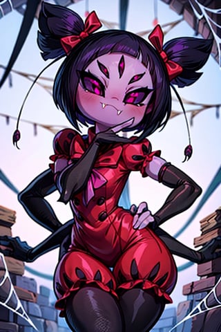 8k resolution, high resolution, masterpiece,  intricate details, highly detailed, HD quality, best quality, vibrant colors, 1girl,muffet,(muffetwear), monster girl,((purple body:1.3)),humanoid, arachnid, anthro,((fangs)),pigtails,hair bows,5 eyes,spider girl,6 arms,solo,clothed,6 hands,detailed hands,((spider webs:1.4)),bloomers,red and black clothing, armwear,  detailed eyes, super detailed, extremely beautiful graphics, super detailed skin, best quality, highest quality, high detail, masterpiece, detailed skin, perfect anatomy, perfect hands, perfect fingers, complex details, reflective hair, textured hair, best quality, super detailed, complex details, high resolution, looking at the viewer, rich colors, ,muffetwear,Shadbase ,JCM2,DAGASI,Oerlord,illya,In the style of gravityfalls,tensura,Mrploxykun,BORN-TO-DIE,Captain kirb,ChronoTemp ,spy x family style