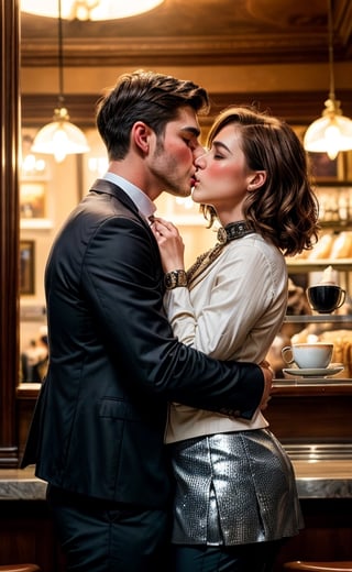 (masterpiece), (extremely intricate:1.3), (realistic), candid portrait of 
((1girl with elegant short wavy brown hair, hazel eyes, elegant girl, moist skin, full lips wearing ornate blazer, collar shirt, short skirt, slender body)). ((1man with handsome face, fat body wearing shirt and trousers)). (((man and girl kissing at caffe))). crowd cafe scenery. romantic award winning, cinematic lighting, chainmail, cowboy shoot view.